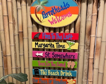 Parrotheads Welcome Hand Painted Oval Wall Hanging Sign, Key West Island Theme Decor, Tiki Bar Outdoor Deck Personalize It Customize It Gift