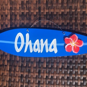 Handmade Ohana Surfboard Sign, Hawaiian Beach Decor, Red Hibiscus Flower