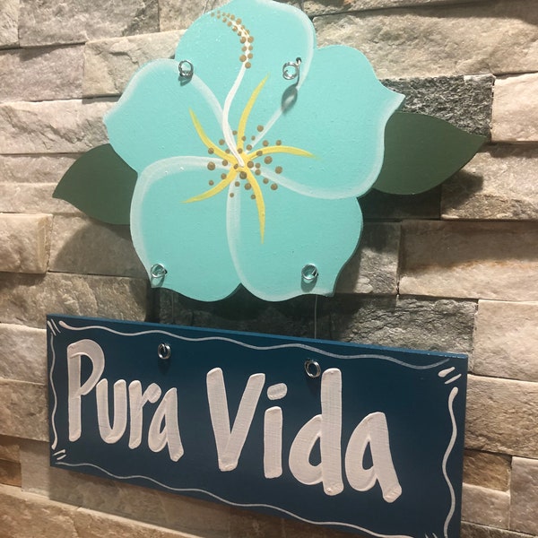 Pura Vida hibiscus flower,Handmade wood sign, Hand lettered custom painted, Beach cottage decor, Personalized plaque, Porch door decor art.