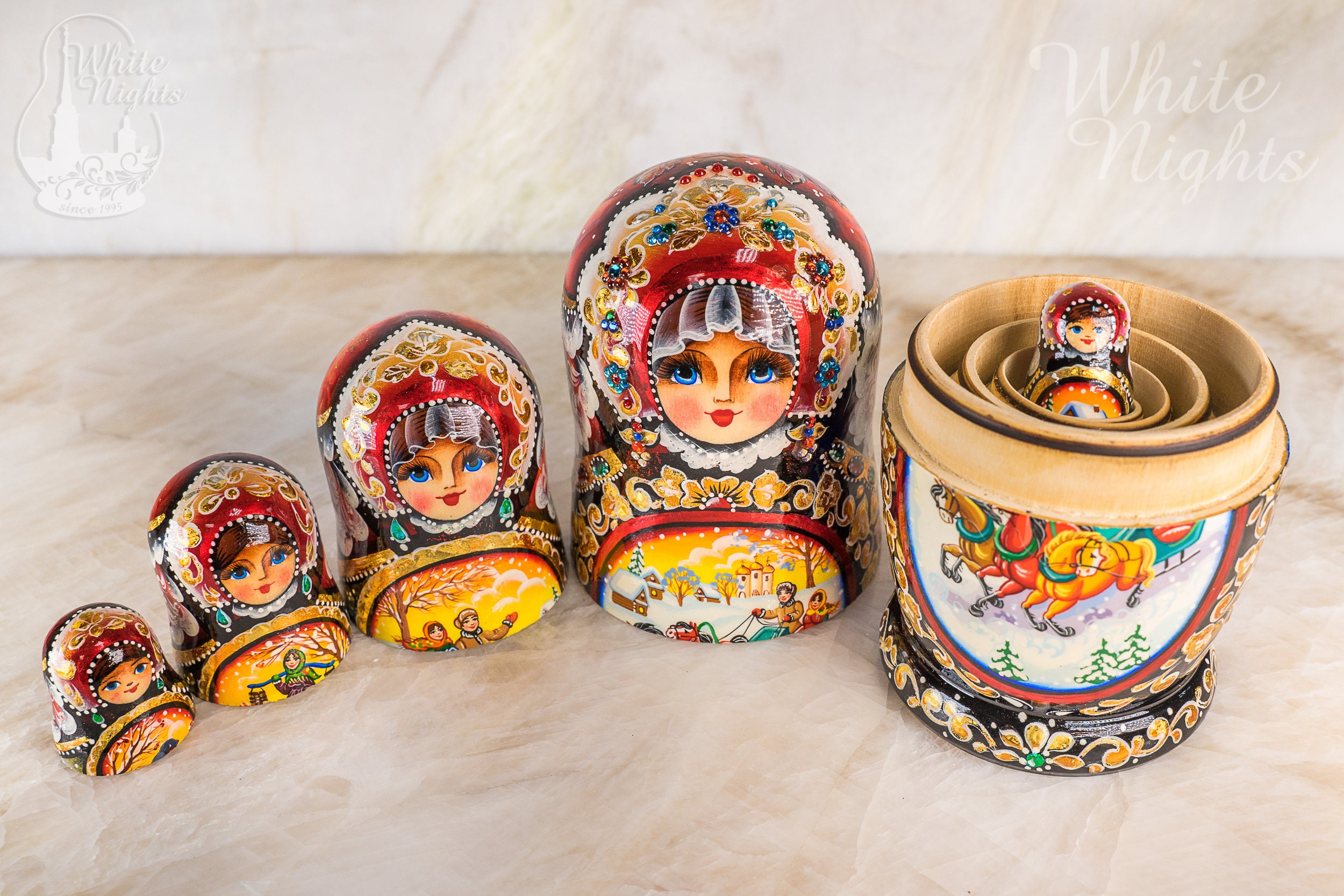 Russische Matroschka Puppen 5-teilig - Handbemalte Holzpuppen Mit Totenkopf-Motiv