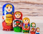 Nesting Matryoshka doll, Russian family, Traditional Tea drinking Samovar Wooden stacking dolls, Gift for mom, wedding