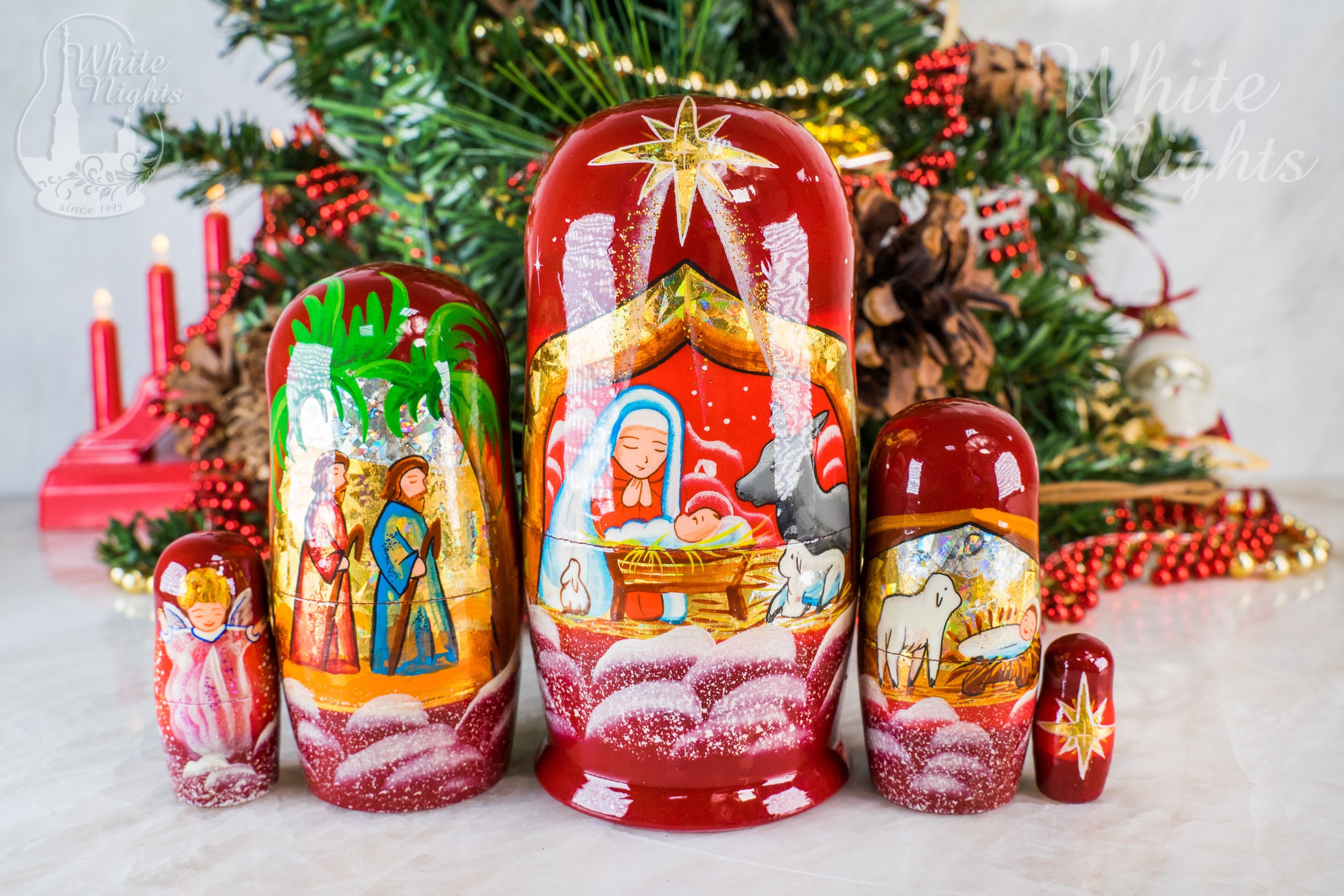 Red Christmas nesting dolls Nativity scene Matryoshka dolls 5 Etsy