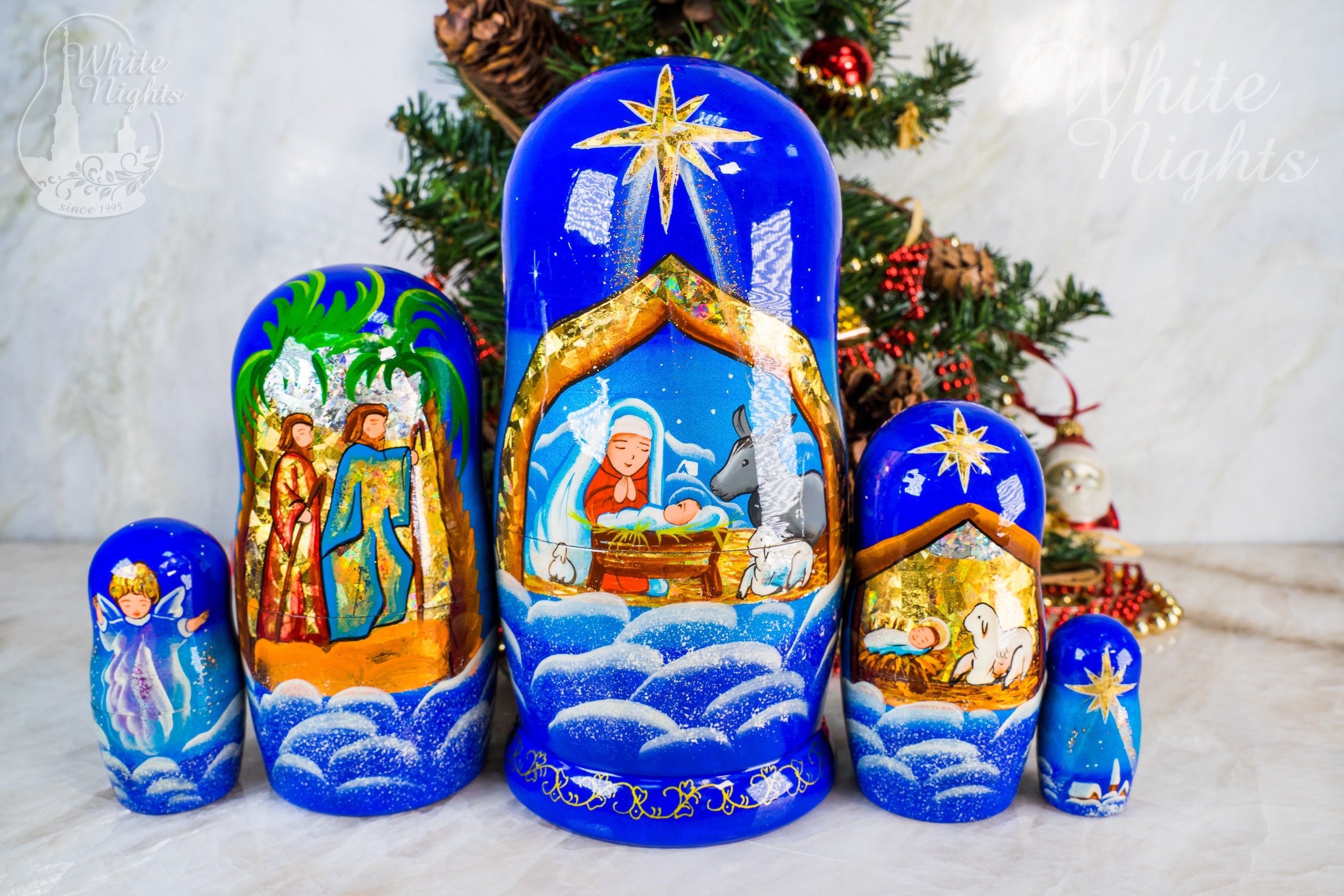 Russian Nesting Dolls Matreshka Angel NATIVITY Beautiful Christmas Set 5 pieces! 