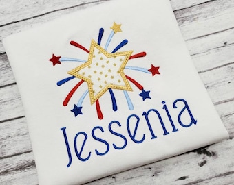 Embroidered Starburst 4th of July Shirt: Patriotic Red White Blue
