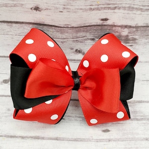 Red and Black Polka Dot Print, 4&quot; Hair Bow, Boutique Hair Bows, Stacked Hair Bow, Toddler Hair Bow, Double Layered Ribbon Bow, Baby Hair Bow