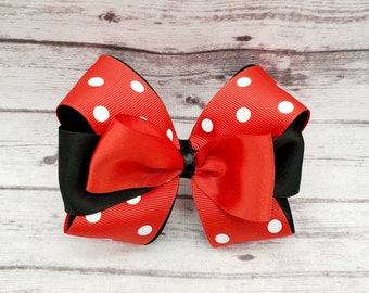 Red Polka Dot Hair Bow: Stacked Ribbon Bow, Toddler Clip