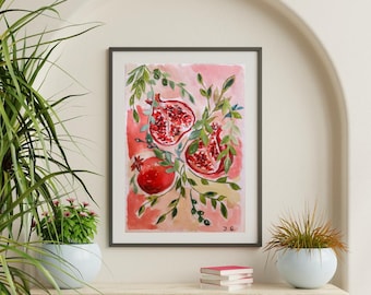ORIGINAL ART PRINT, Pomegranates art, pomegranates watercolour and gouache art print
