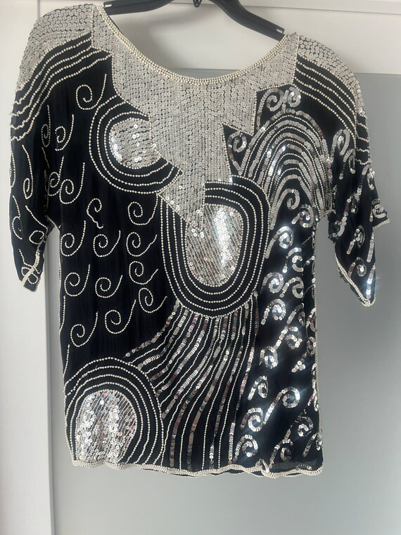 SWEE LO black sequin and pearl silk top. Size Med… - image 6