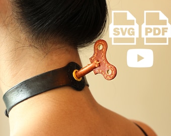 Leather Winding Key Choker Template, SVG file for cricut, PDF leather pattern, Leather Laser Cut file, Halloween leather necklace