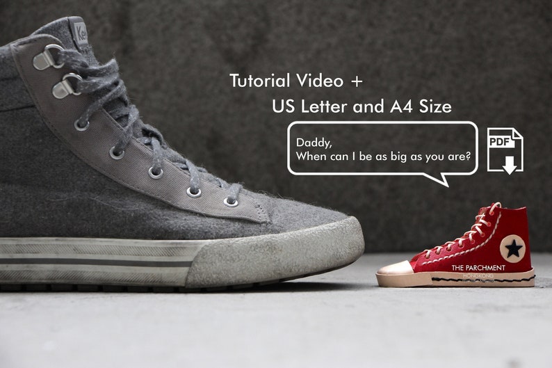 May include: A large gray high-top sneaker next to a small red high-top sneaker with a white toe and a black star. Text reads "Daddy, When can I be as big as you are?" and "THE PARCHMENT".