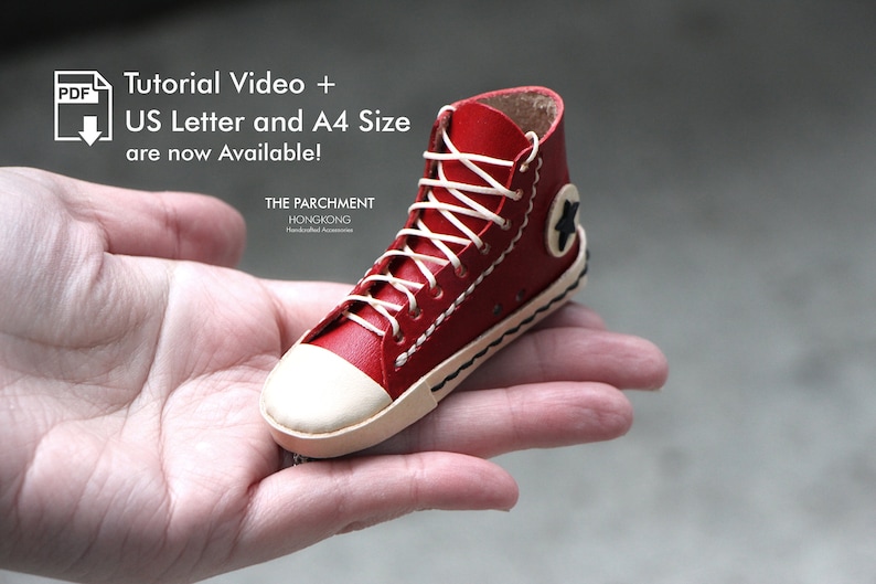 May include: A miniature red high-top sneaker with white laces and a cream-colored toe cap. The shoe features a black star emblem on the side. Text on the image reads "Tutorial Video + US Letter and A4 Size are now Available!" and "THE PARCHMENT HONGKONG".