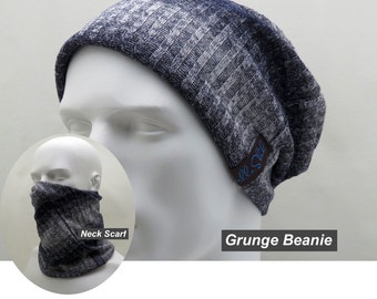 Seattle Grunge Beanie: Ribbed Blue Knit Hat, Multi-Functional Made in USA