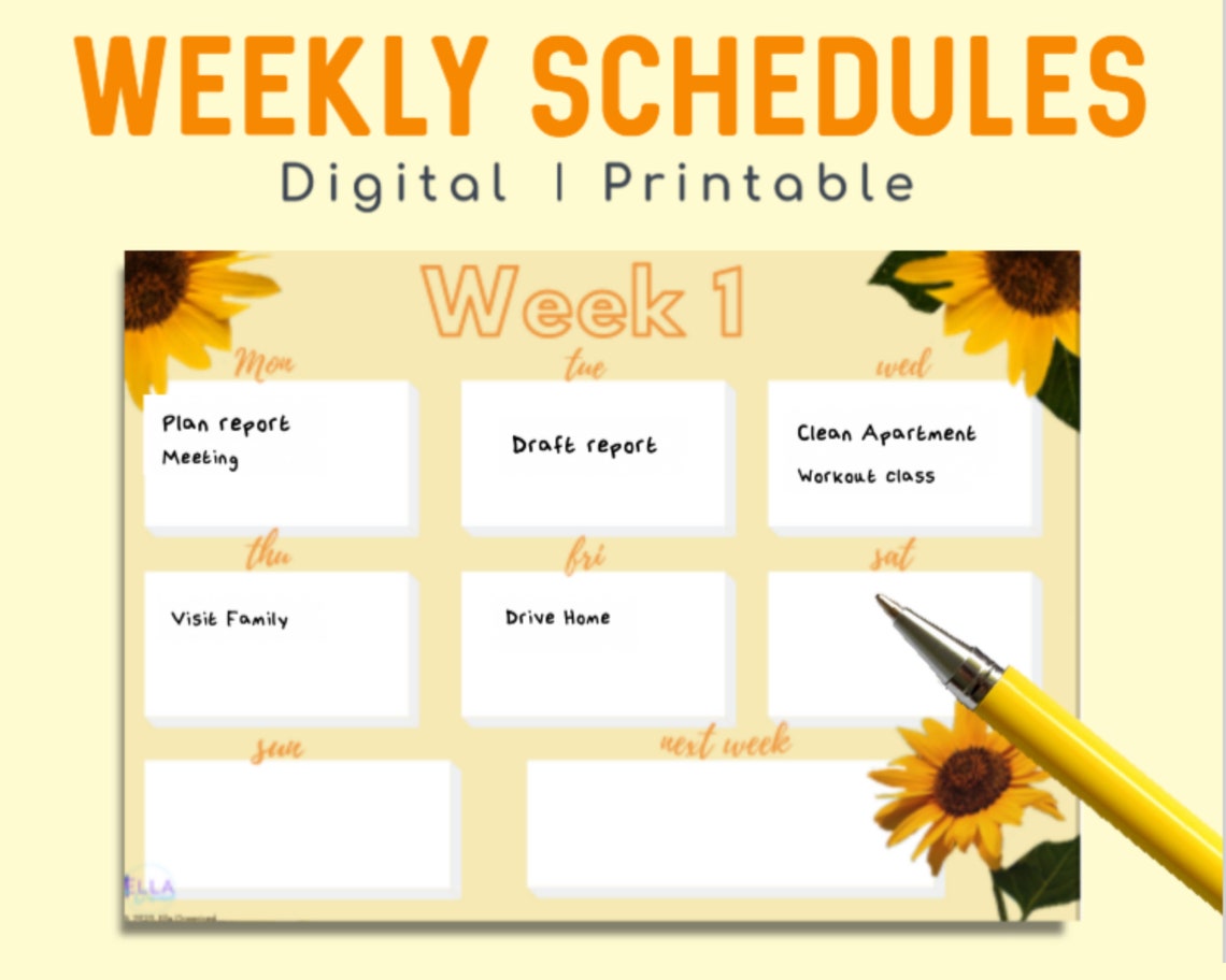 Weekly Schedules Printable Sunflower Design Includes 4 Etsy