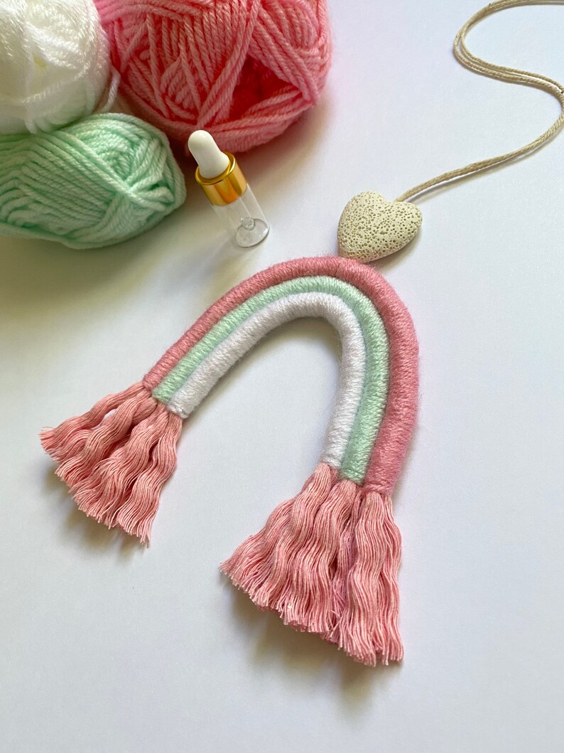 Unicorn Pink and Mint Macrame Rainbow Essential Oil Diffuser Rear View Mirror Charm Fiber Rainbow Lava Rock Diffuser