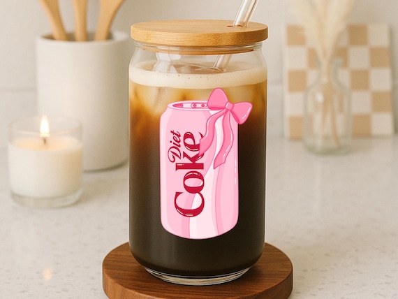 Diet Coke | 16oz Glass Cup with Lid & Straw – Iced Coffee Cup | Aesthetic Glass Tumbler | Trendy UVDTF Cup