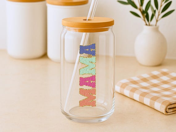 Mama | 16oz Glass Cup with Lid & Straw – Iced Coffee Cup | Aesthetic Glass Tumbler | Trendy UVDTF Cup