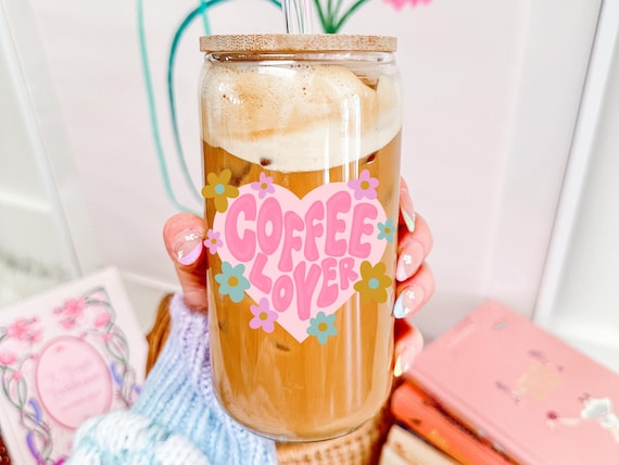 Coffee Lover | 16oz Glass Cup with Lid & Straw – Iced Coffee Cup | Aesthetic Glass Tumbler | Trendy UVDTF Cup