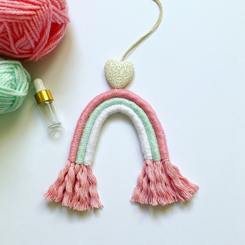 Unicorn Pink and Mint Macrame Rainbow Essential Oil Diffuser Rear View Mirror Charm Fiber Rainbow Lava Rock Diffuser