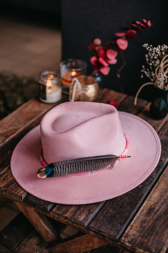 Pink Fedora Hat with Feather and Bead Accents Failsworth Ladies Wool Fedora Hat With Feather in Pale Pink  main image 3