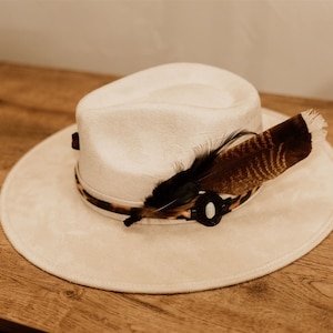 May include: A cream-colored fedora hat with a wide brim. The hat features a leopard print band and is adorned with a large brown and black feather and a small black decorative element. The hat is displayed on a wooden surface.
