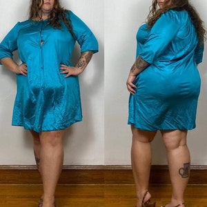 1970s Teal Blue Nylon Nightgown - Vintage Plus Size Medium