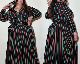 1970s Ruffinwear Clovis Ruffin Black Striped Red and Green Polyester Maxi. Tag size 11/12. Good condition.  Best fit M/L. Can fit larger.
