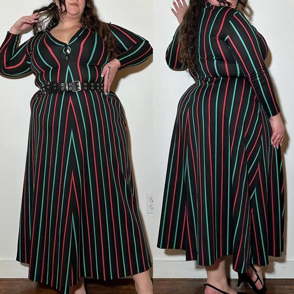 1970s Ruffinwear Clovis Ruffin Black Striped Red and Green Polyester Maxi. Tag size 11/12. Good condition.  Best fit M/L. Can fit larger.