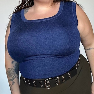 1970s Dark Blue Square Neck Tank Top. Shiny stretch, 100% Nylon. Good condition.  L XL XXL