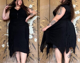90s Black Ruffle Midi Dress: Plus Size Whimsygoth Vintage