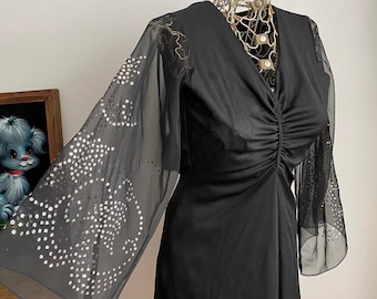 1960s Black Angel Sleeve Dress: Vintage Sparkle Detail, Size 10