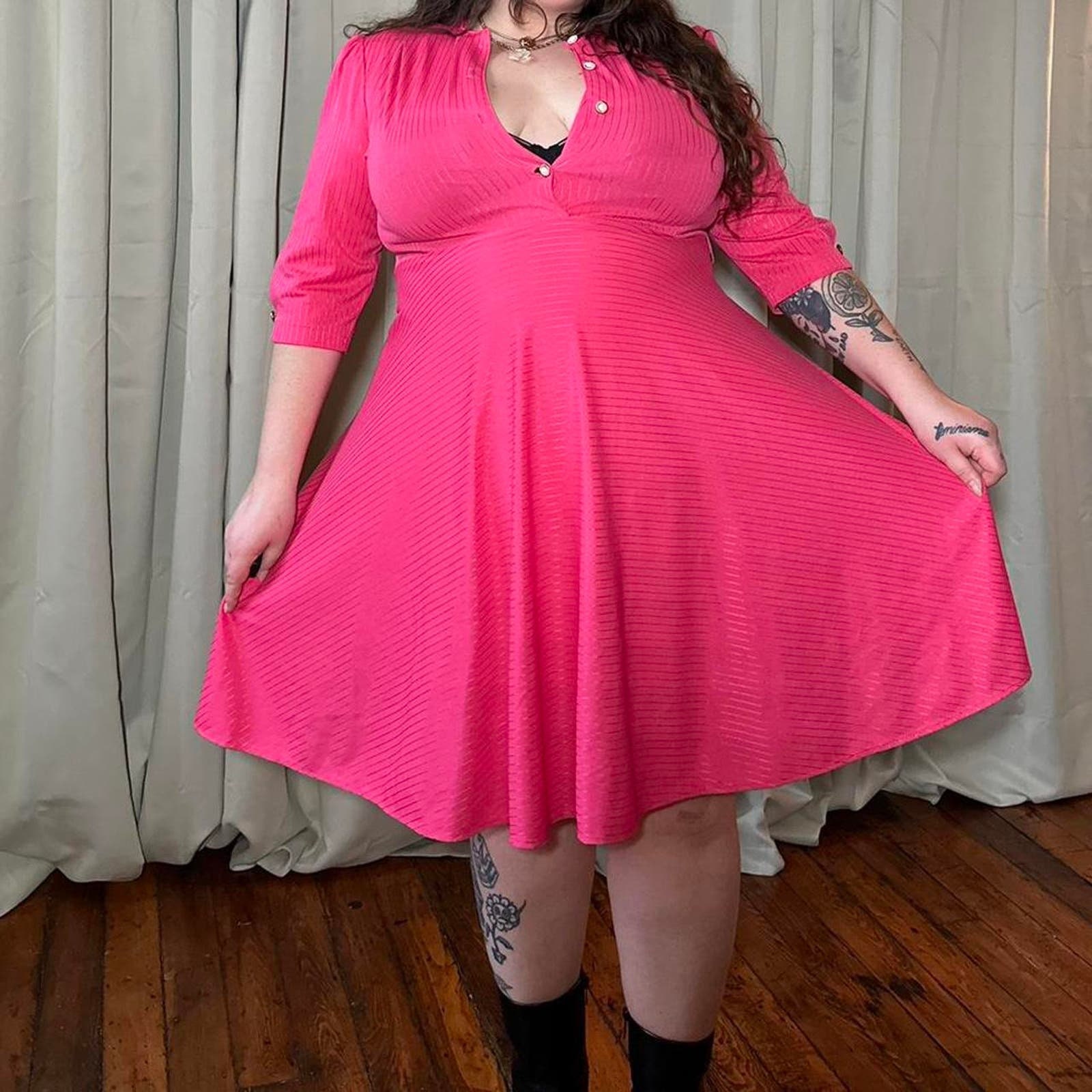 1980s Pink Fit & Flare Midi Dress - Plus Size Vintage