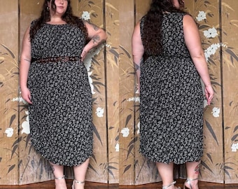 90s Floral Rayon Midi Dress: Vintage Empire Waist Plus Size