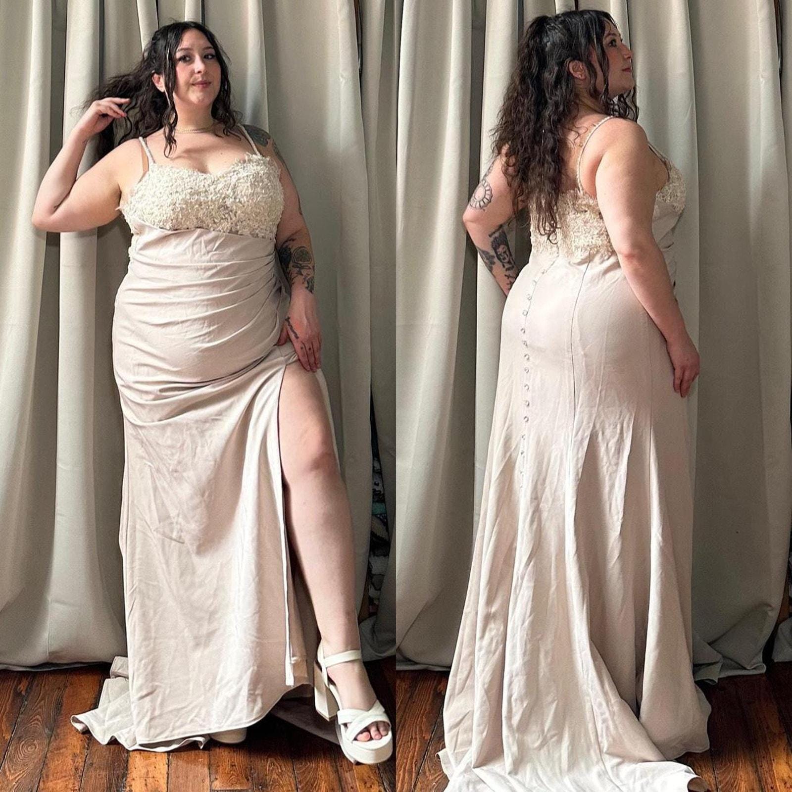 2000s Cream Lace & Beaded Maxi Dress - Plus Size Vintage