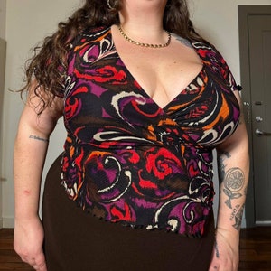 70s Sheer Faux Wrap Paisley Blouse Good Condition Can Fit up to 2X