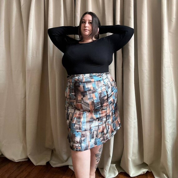 1970s Abstract Poly Midi Skirt. Teal Orange White Brown. Elastic Waist. Excellent Condition. Tag Size 16 1 2. Fits up to 2X 3X. Etsy Ireland