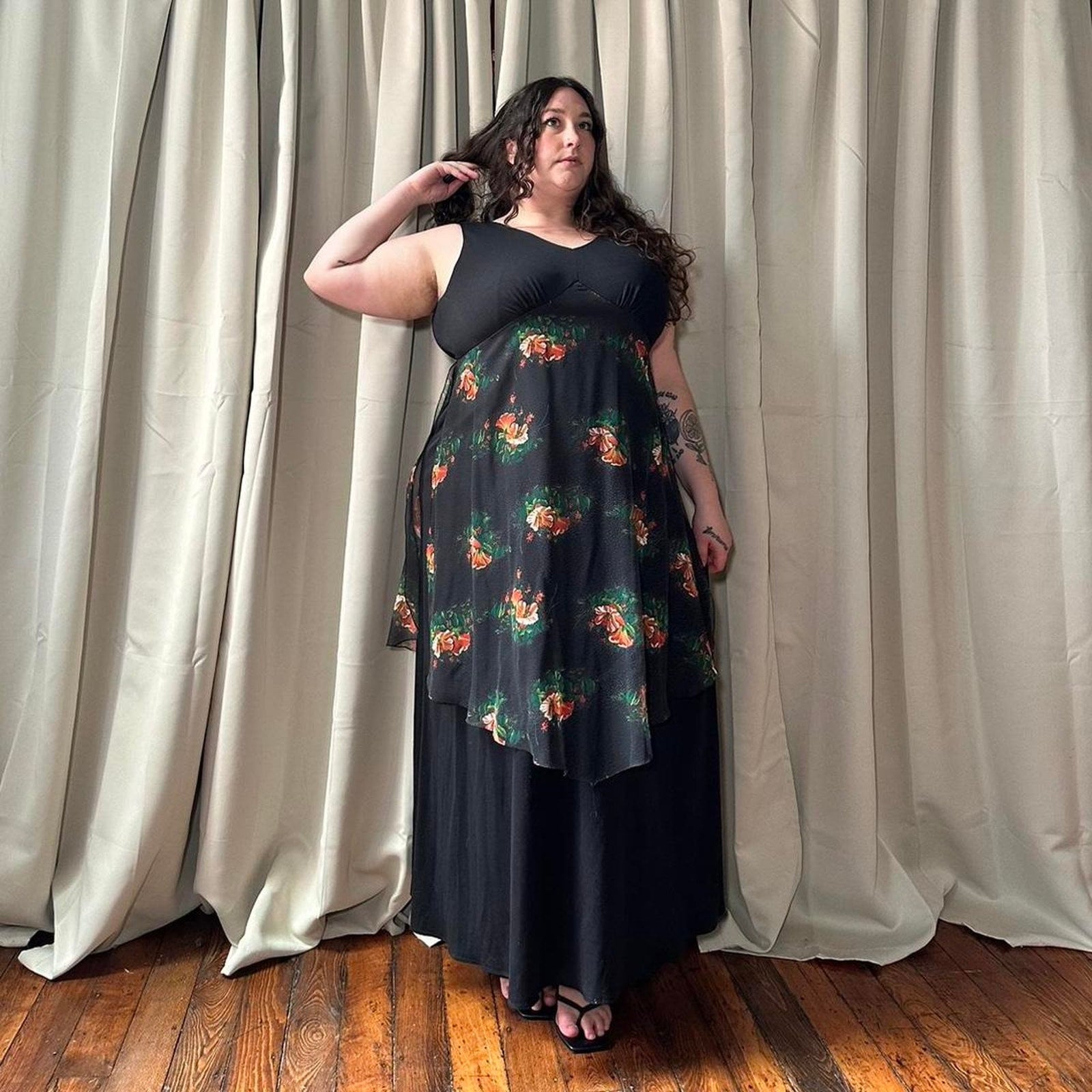 1970s Floral Chiffon Maxi Dress: Black Empire Waist, Plus Size 1x 2X