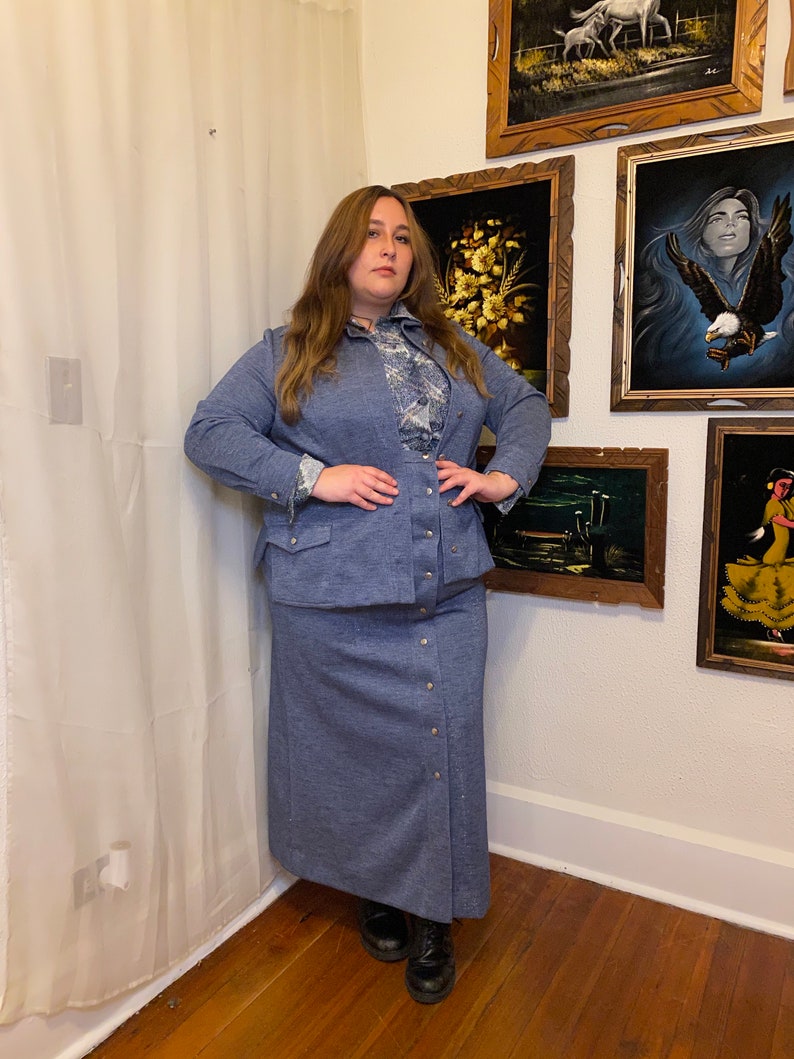 Button Up Psychedelic pattern Size 1X 2X Faux Denim with Sparkly Thread Detail 1960s 60s 3 Piece Set Grace Taylor Sparkly Suit Set