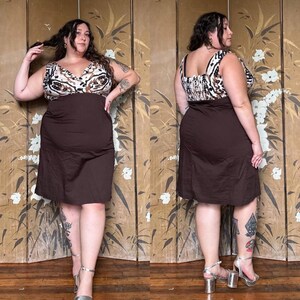 2000s Studio AA. Cheetah Faux Wrap and Brown Midi Dress. Tag size 18W. Cotton Spandex.  Smocked back and zipper closure.  2X 3X