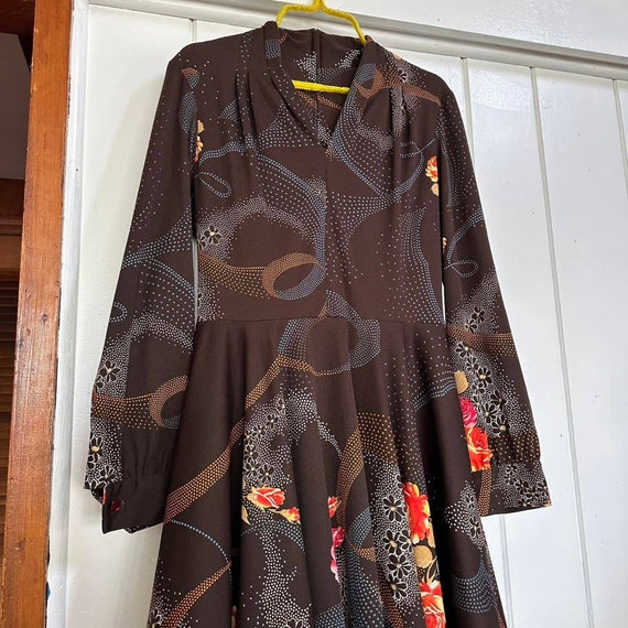 1970s Brown Floral Polyester. Fit and Flare Dress… - image 7