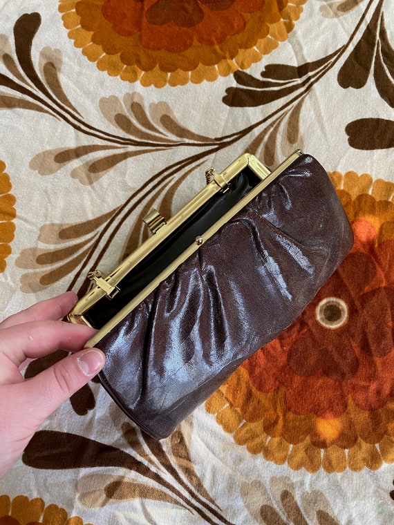 1960s Vintage Brown / Burgundy Leather Clutch Pur… - image 2