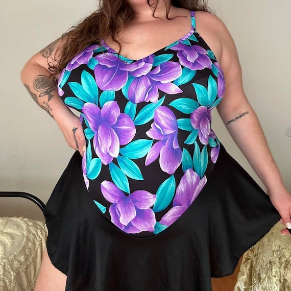 1980s Deadstock American Beach Purple and Black Floral Swim Dress. Tag Size  24. - Etsy