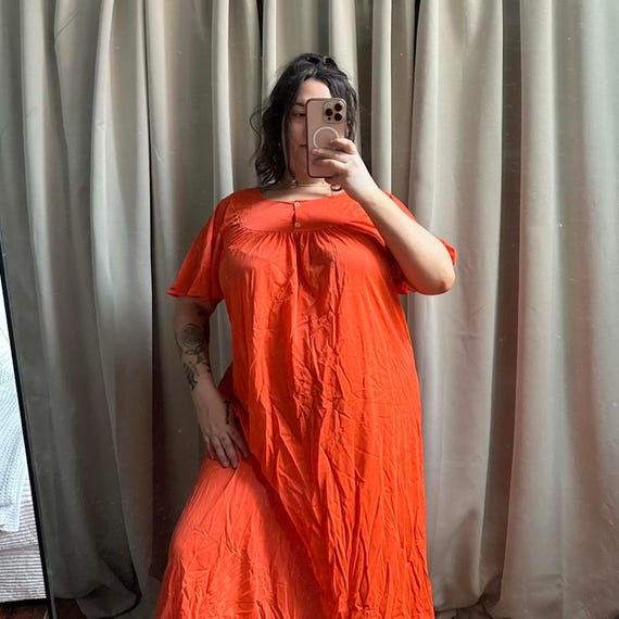 lane bryant orange dress 1970s Lane Bryant Orange Nylon Maxi Nightgown: Plus Size Vintage House Dress