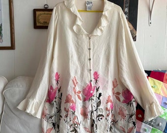 1990s Midnight Velvet Cream Chiffon Longsleeve Blouse with Pink Rose Detail. 100 Silk. Tag size 1X.