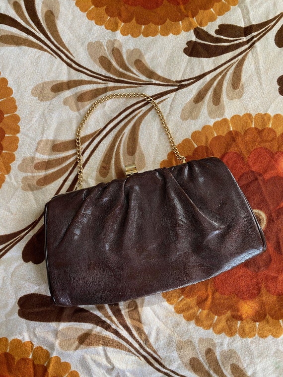 1960s Vintage Brown / Burgundy Leather Clutch Pur… - image 1