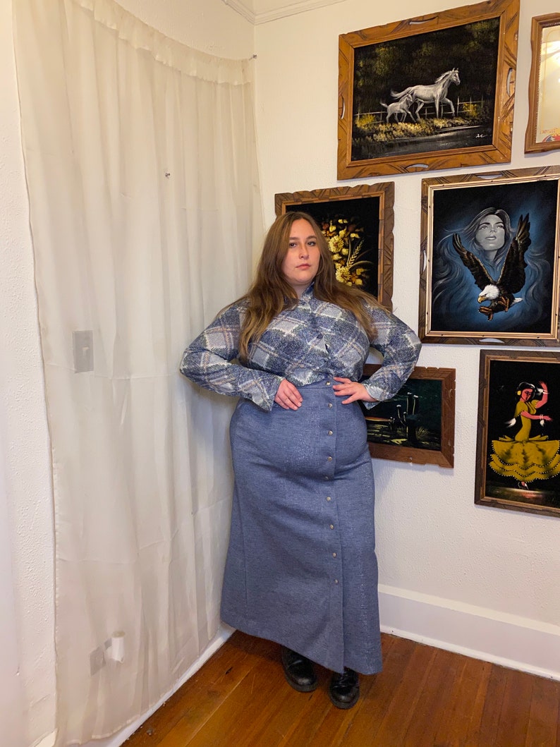 Button Up Psychedelic pattern Size 1X 2X Faux Denim with Sparkly Thread Detail 1960s 60s 3 Piece Set Grace Taylor Sparkly Suit Set