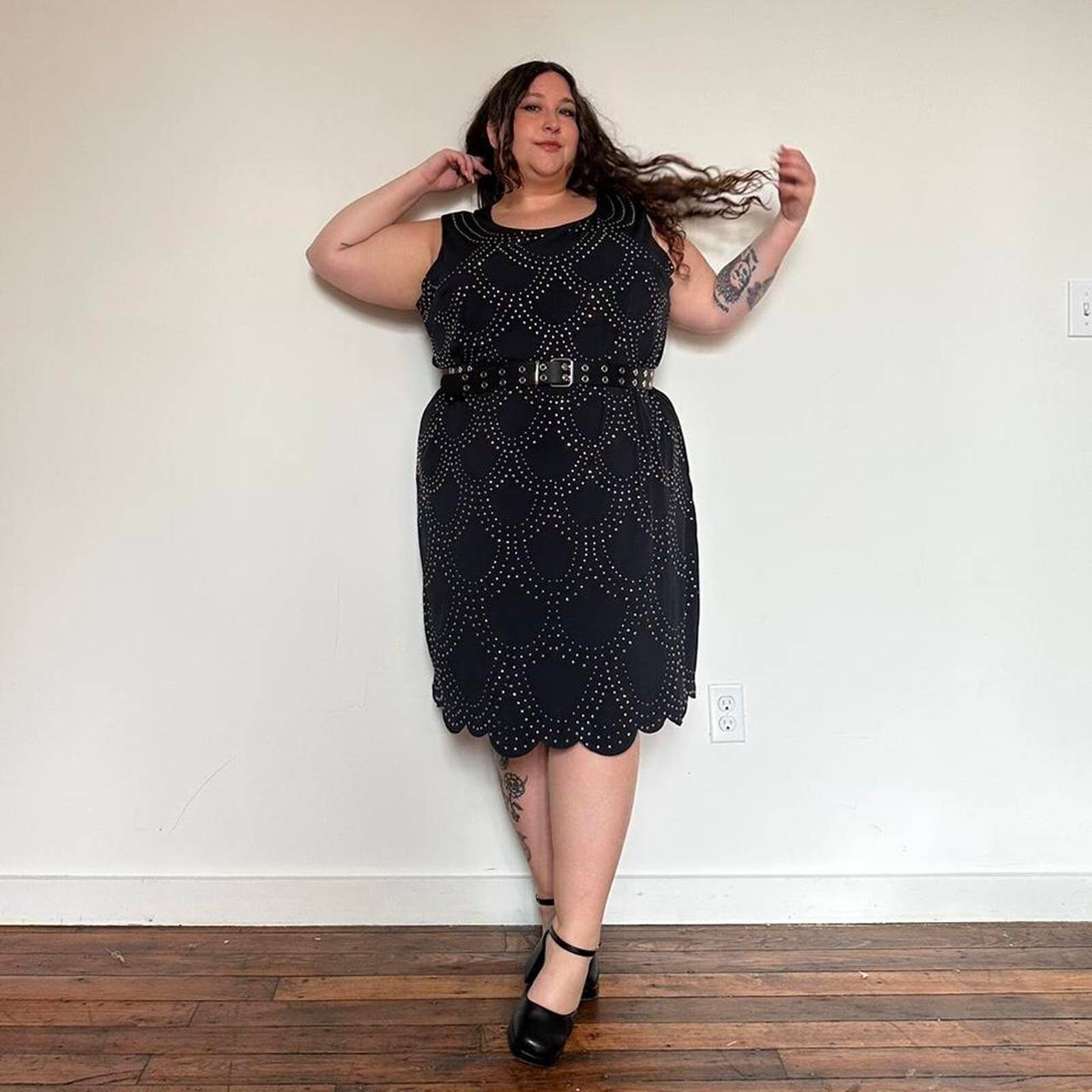 black dress silver studs Y2K Slinky With - Roamans Plus Size 30W Color:Lilac Multi