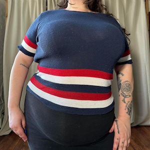 1970s Sears Kings Road Mens Store Red White and Blue Short Sleeve Sweater Top. Tag size M. 100 Polyester. Good condition