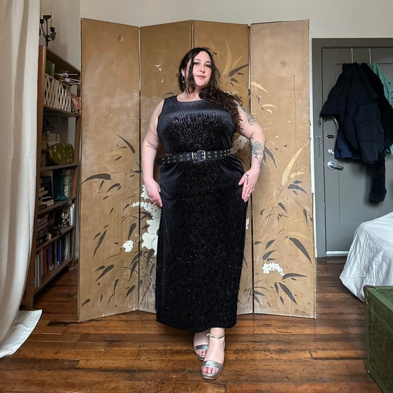 90s Black Velvet Glitter Maxi Dress: Plus Size Bodycon