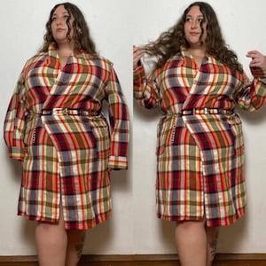 1970s JC Penney Red Plaid Robe. Tag size XL. Acrylic. Missing its waist tie.