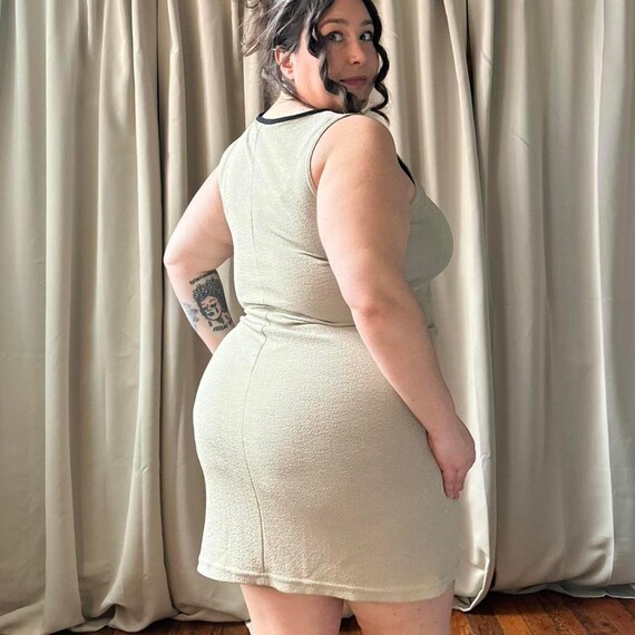 90s Plus Size Mini Dress: Tan Beige, Black Piping, Vintage Nicole Studio